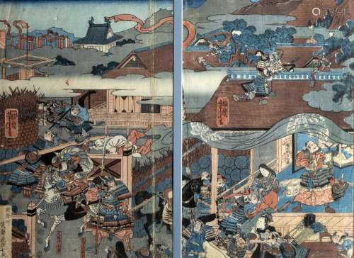 Woodblock print Japanese, 19th/20th century village scene with Samurai, two sheet woodblock print
