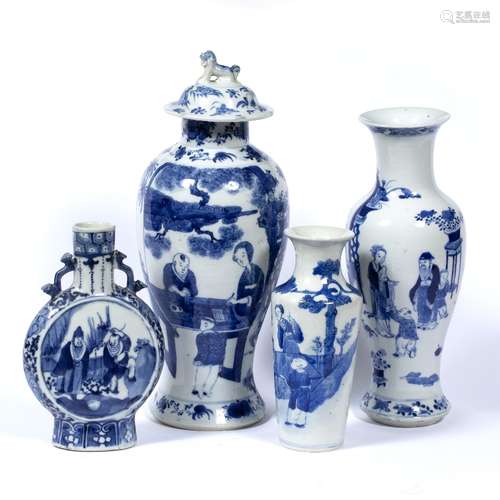 Blue and white porcelain vase and associated cover Chinese, 19th Century painted with a scribe and