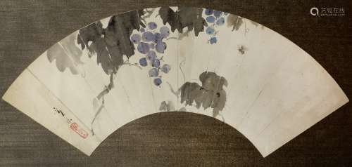 Japanese school study for a paper fan, watercolour, red seal and signature 50cm across