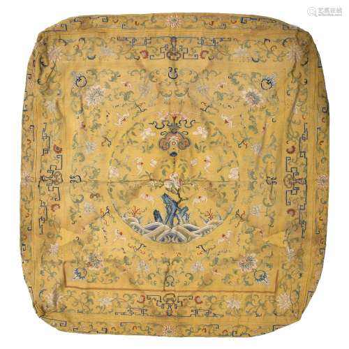 Imperial yellow table/altar cover Chinese, early 19th Century with central roundel of rockwork,