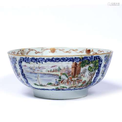 Porcelain punch bowl Chinese, Qianlong the painted panels with European subjects within a blue