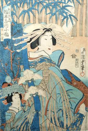 Utagawa Kunisada III Japanese Beauty, woodblock 35cm x 22.5cm and one other woodblock, 19cm x 25cm