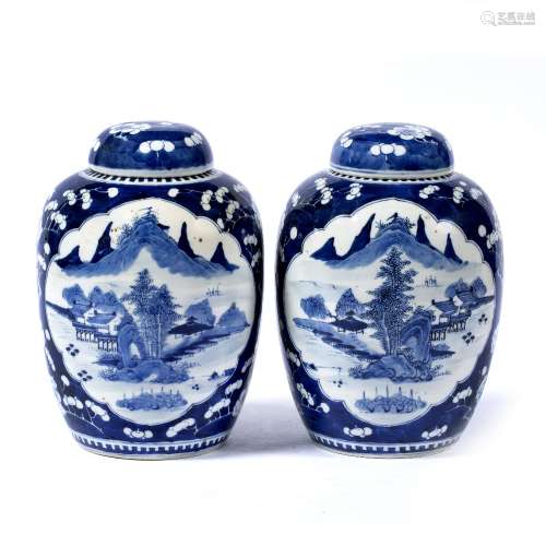 Pair of blue and white jars and covers Chinese, 19th Century each having shaped panels painted