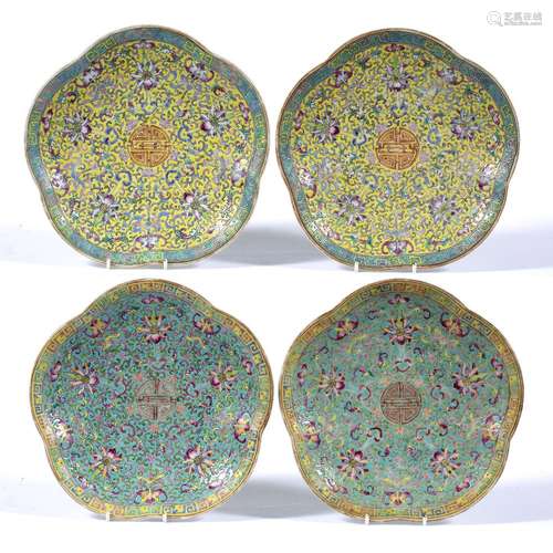 Four shaped medallion polychrome stands Chinese 19th/early 20th Century with Indian lotus and key