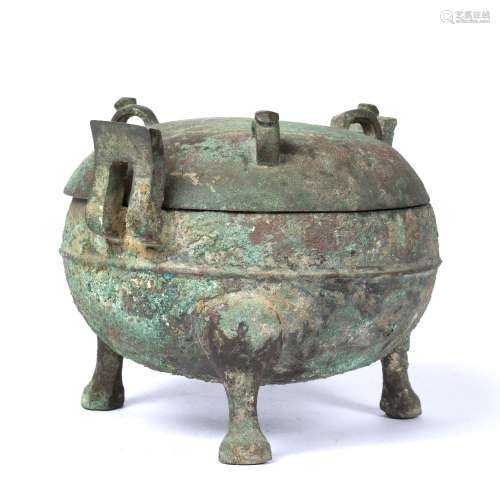 Bronze tripod ding Chinese, Han Dynasty the lidded pot with three loop handles 21.5cm across x