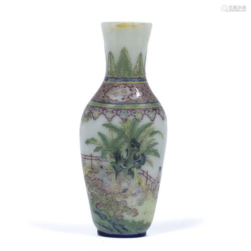 Peking opaque glass vase Chinese painted with scholars at a table beneath a palm tree, having a leaf