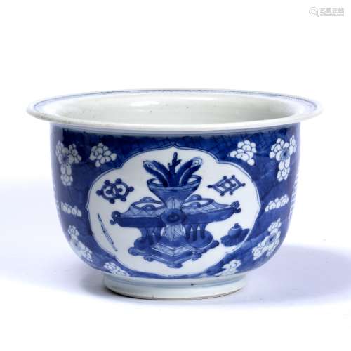 Blue and white flower pot Chinese, Kangxi (1662-1722) decorated in prunus leaf and two shou