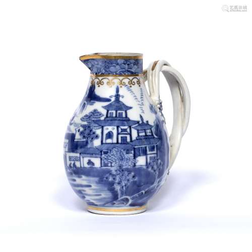 Blue and white export Nanking milk jug Chinese, circa 1800 with entwined handle 11cm