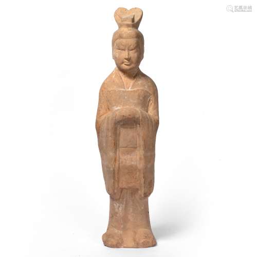 Pottery figure of a court lady Chinese Tang Dynasty style, the figure shown with her hands clasped