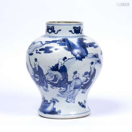 Blue and white baluster vase Chinese, 18th Century depicting boys in a pavilion, with a senior