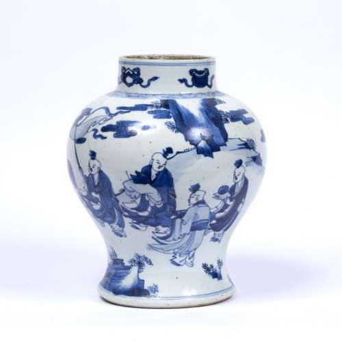 Blue and white baluster vase Chinese, 18th Century depicting boys in a pavilion, with a senior