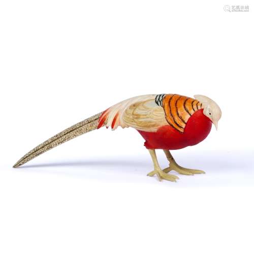 Stained ivory carved okimono Japanese, Meiji in the form of peacock 15cm