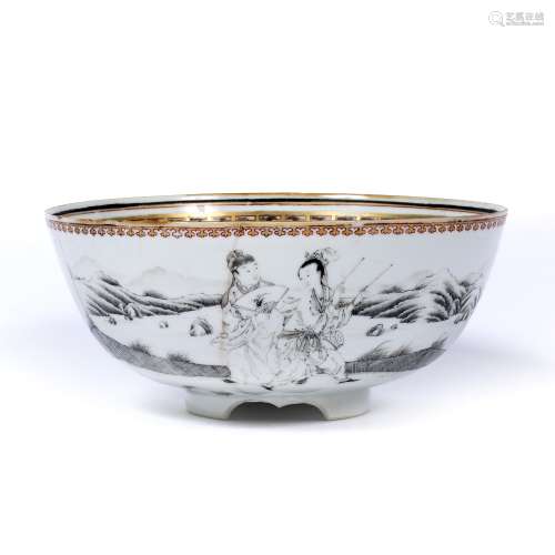 En grisaille porcelain small punch bowl Chinese, Qianlong the interior painted with European style