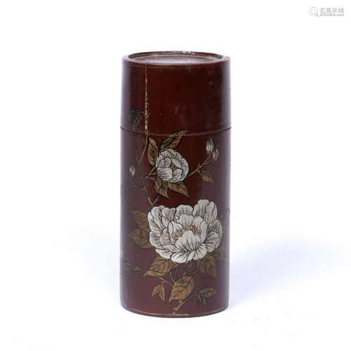 Bamboo and lacquer brush holder Chinese, 19th Century painted with peonies 15cm high