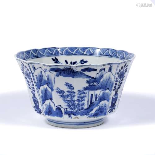 Blue and white porcelain bowl Chinese, 19th Century with panels of mountain landscape and vases of