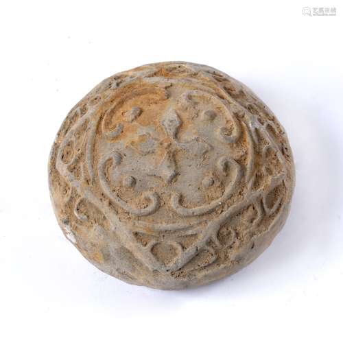 Pottery scroll weight Chinese, Han Dynasty with star and ruyi design to one side, the reverse with