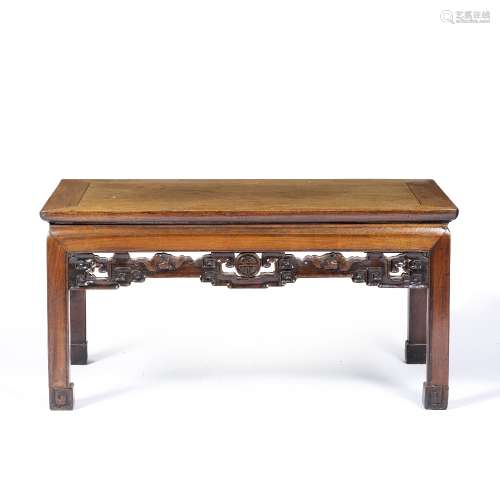 Hardwood low table Chinese, 19th Century carved with a fret work undertier, with a Chinese character