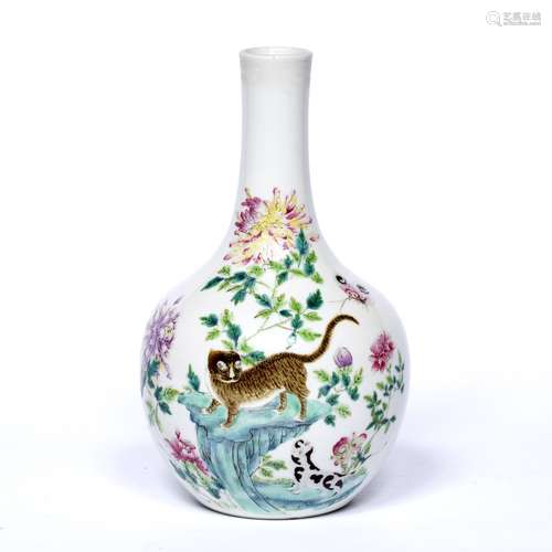 Famille rose bottle vase Chinese, 19th/20th Century the decoration depicting two cats in a garden