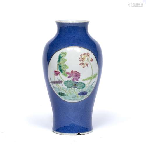 Powder blue baluster vase Chinese, 19th Century with two reserve panels of lotus flowers, birds