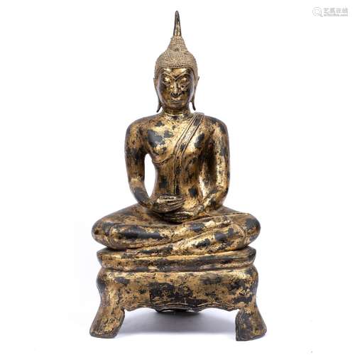 Gilt bronze figure of Buddha Thai, 17th/18th Century seated in dhyanasana on a shaped pedestal,