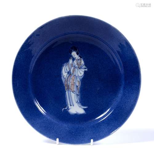 Porcelain saucer dish Chinese, Kangxi (1662-1722) decorated centrally in a white glaze with blue and