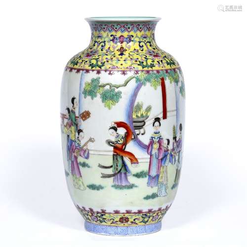 Ovoid porcelain vase Chinese, Republic Period painted with various ladies in a garden some holding