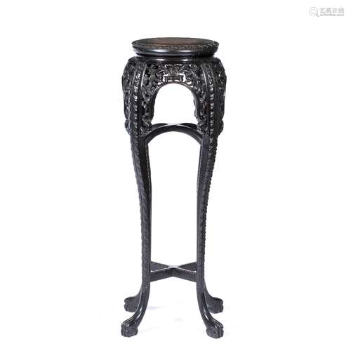 Rosewood and marble urn stand Chinese, late 19th Century with carved frieze 93.5cm high