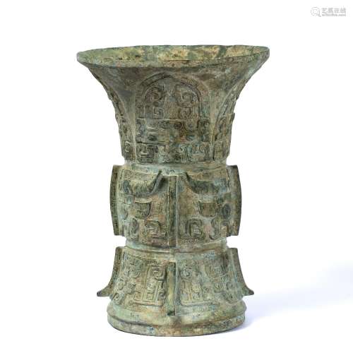 Bronze vase, Gu Chinese, 19th Century the top decorated in four sections with geometric design,