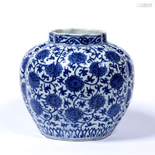 Ming style blue and white porcelain lobe shaped globular jar Chinese, Kangxi decorated with an all