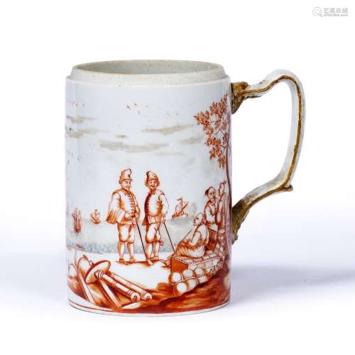 European decorated tankard Chinese, 18th Century painted in coral colours with naval scene 16cm