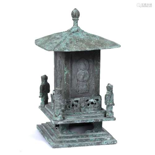 Bronze temple shrine Chinese possibly Shang Dynasty, the lower half consisting of four guardians
