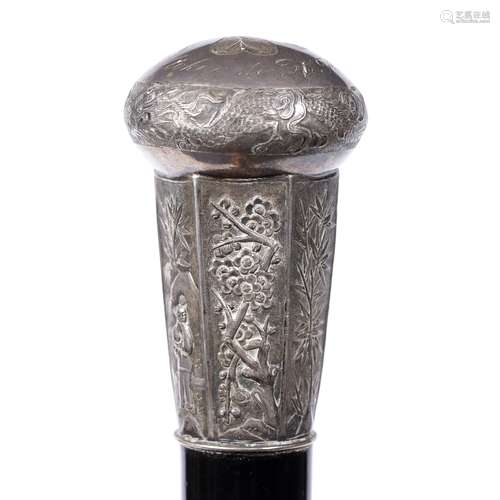 White metal and ebony cane Chinese engraved with panels of figures and bamboo, with dragon and