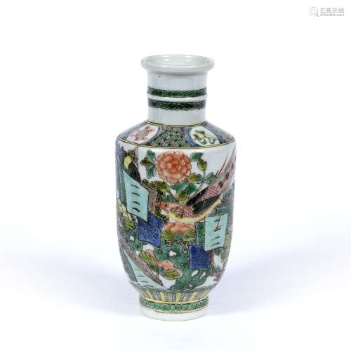 Famille verte small vase Chinese, 19th Century painted in enamels with birds, chrysanthemums and