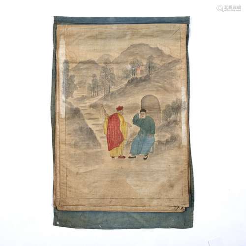 Painted cloth hanging panels Sino-Tibetan, 19th Century hanging painted cloth panel of six scenes