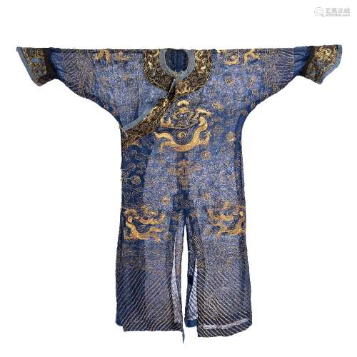Blue and gold summer coat Chinese threaded in gold silk depicting dragons in flight 122cm high