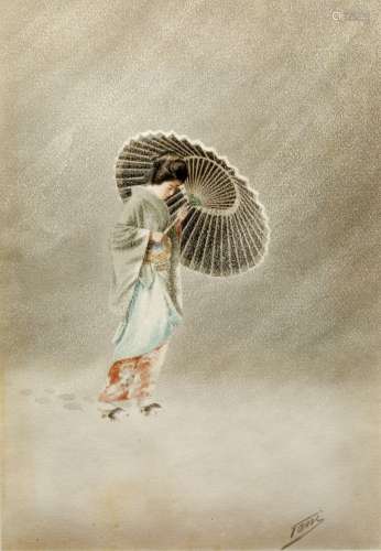 Tani (Japanese early 20th Century) watercolour of a girl holding a parasol in inclement weather,