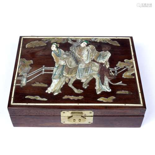 Hardwood jewellery box Chinese mounted with mother of pearl and ivory 28cm across