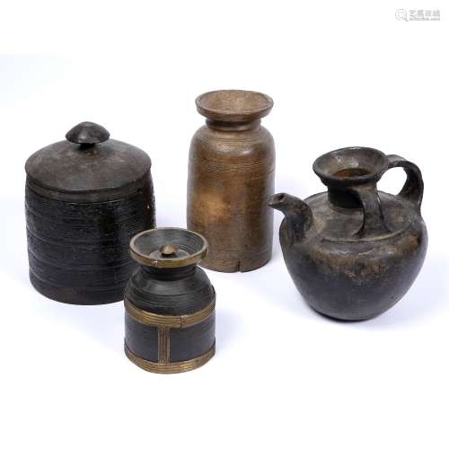 Four food vessels Tibetan consisting of three wooden vases/pots and a metal kettle of two handle