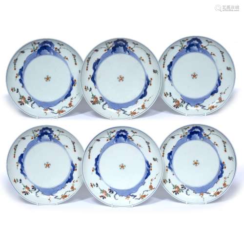 Six kakiemon plates Japanese each decorated in simplistic design with birds on a branch, with