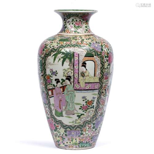 Polychrome tapering vase Chinese, early 20th Century painted in famille verte colours with panels of