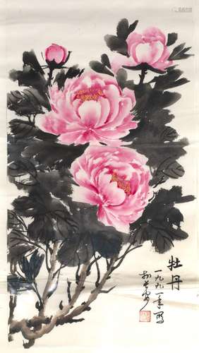 Chinese school 20th Century wash study of peonies with inscription, signed, unframed 66cm x 34cm and