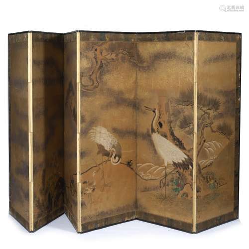 Six panel screen Japanese, Meiji (1868 - 1912) ink, colour and gold leaf on paper, with two cranes