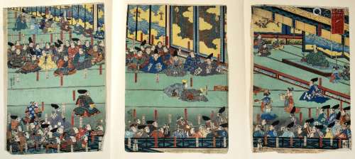 Utagawa Kuniyoshi Japanese, c1830 triptych depicting a ceremonial scene, woodblock print each