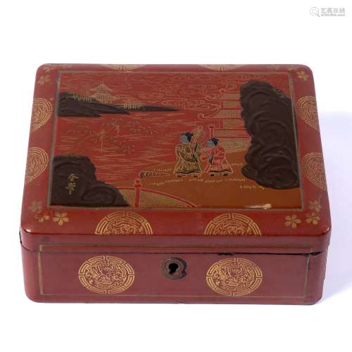 Square box with hinged lid Japanese, late Meiji decorated in Chinese style in red, gold and black