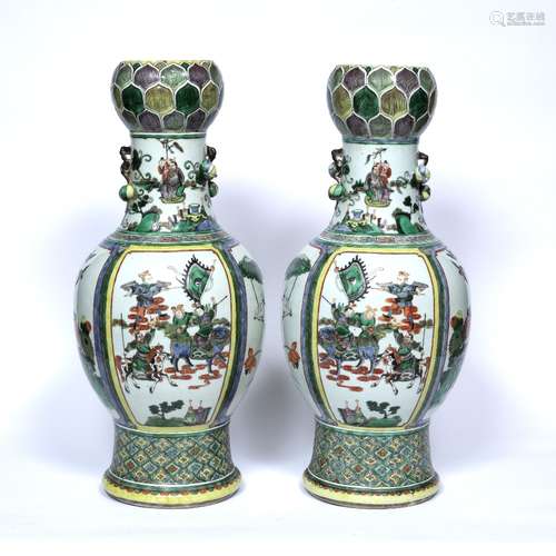 Pair of famille vert garlic mouth vases Chinese, 19th Century each with panels of lotus, birds and