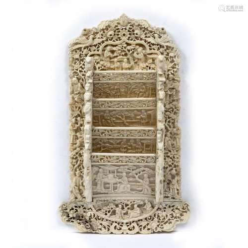 Canton carved ivory letter rack Chinese, late 19th Century with all over figures playing at a