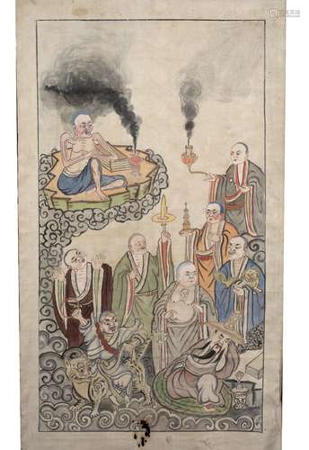 Buddhist scroll Chinese depicting eight priests or Gods in the sky, one riding a kylin standing over