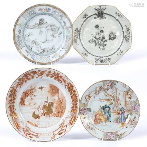 Famille rose and en grisaille dish Chinese, Qianlong painted with junks 23cm an octagonal en