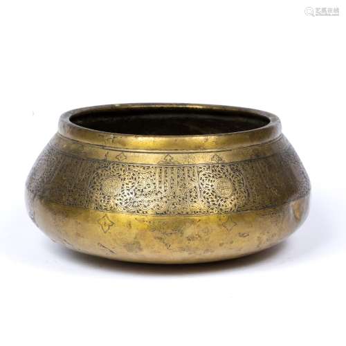 Fars brass bowl Iran of typical form with rounded base and sloping shoulder rising to the rim, the