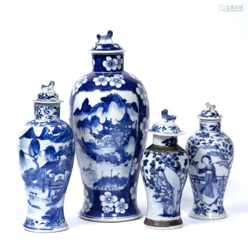 Blue and white baluster vase and cover Chinese, 19th Century panel with lake and bridge scene within